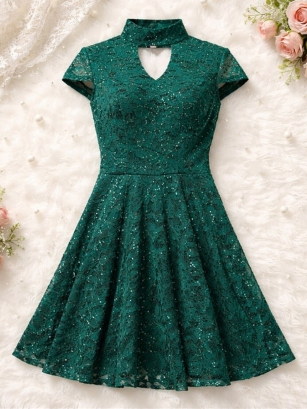 Vintage Inspired Emerald Green Lace Dress – Sequin Detail, Fit & Flare, Size S